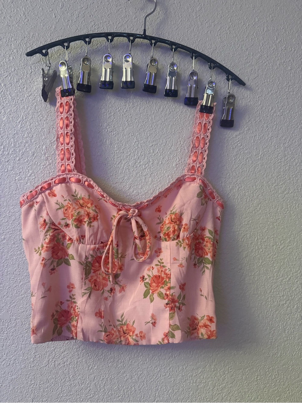 Pink Floral Tie-Front Cropped Top with Crochet Straps